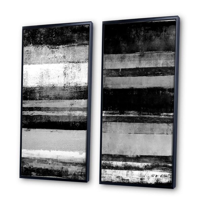 Ensemble de 2 peintures sur toiles - bandes abstraites noires et blanches, H 40 po x l 40 po x P 1 po, Cadre flottant noir