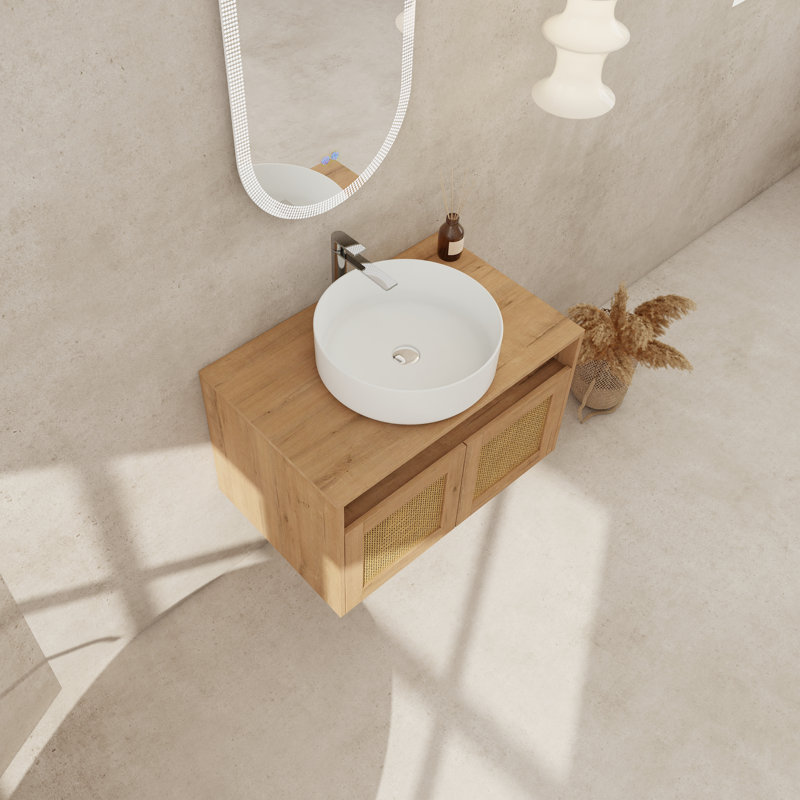 Meuble-lavabo mural moderne de 30 po avec armoire en contreplaqué, portes en rotin et lavabo en céramique (3 options d'évier, portes à fermeture douce, conception flottante)