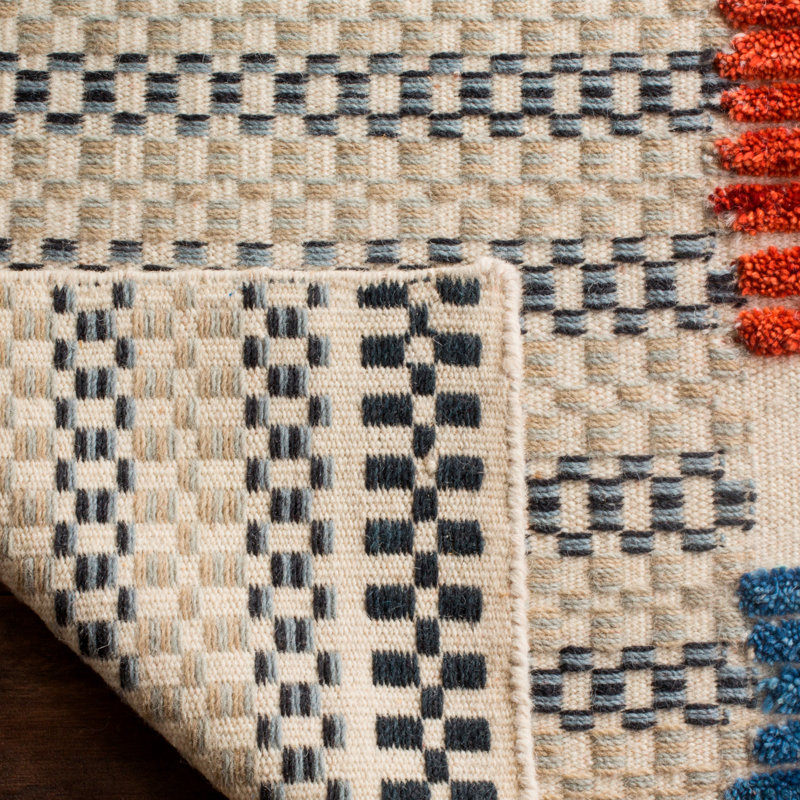 Alimatou Hand Woven Wool/Cotton Abstract Rug in Ivory/Blue/Red, Rectangle 8' x 10'