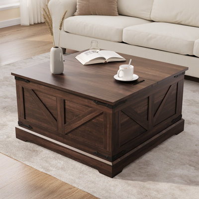 Square Coffee Table With Hidden Storage, Farmhouse Lift Top Coffee Table For Living Room, Brown
