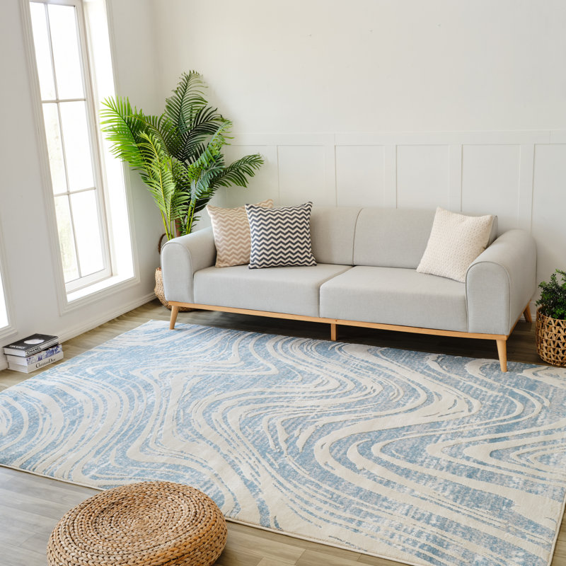 Tapis intérieur / abstrait bleu / beige 7 pi x 10 pi (6 pi 7 po x 9 pi 6 po) Branch Branch Nagisa, tapis moderne, à poils moyens et résistant aux taches