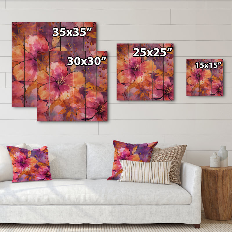 Pétales d'hibiscus orange mauve sur bois, H 15 po x l 15 po x P 0,78 po