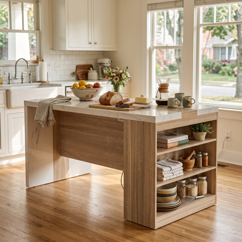 Îlot de cuisine de 155 cm de large avec dessus en faux marbre, tablettes latérales ouvertes, bande lumineuse DEL et prise électrique.