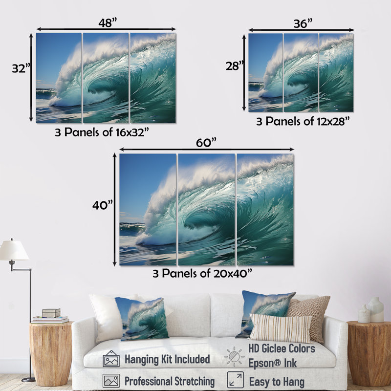 «Turquoise Ocean's Force Unleashed», ensemble d'art mural sur toile côtière, H 28 po x l 36 po x P 1 po, Toile tendue