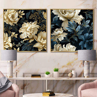 Luxueux fleurs noires et beiges damassées IV - ensemble de 2 reproductions d'art sur toile à motif floral abstrait