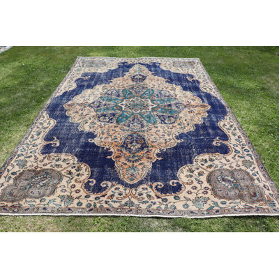Tapis rétro bleu marine surdimensionné rétro avec motif de médaillon pour la maison et le salon