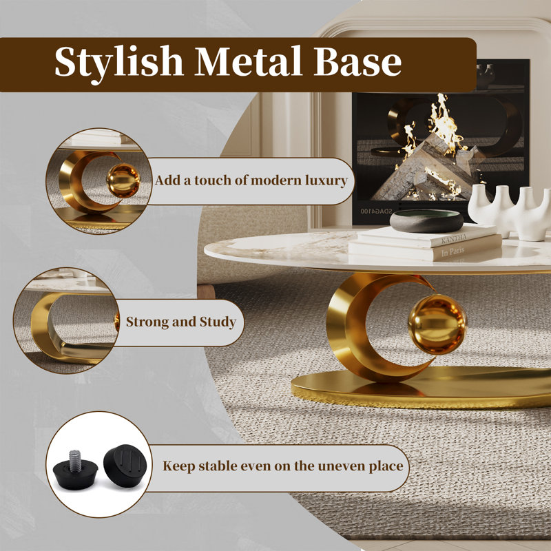 130 cm Gold Oval Marble Coffee Table With Stainless Steel Base, Modern Coffee Table for Living Room