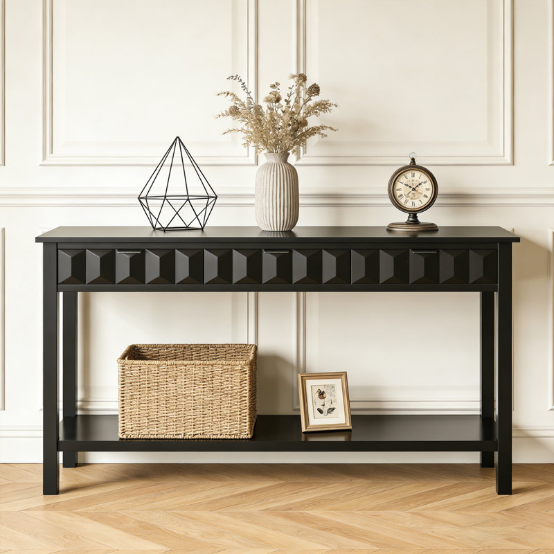 Fir Veneer Entry Way Table, Modern Console Table With3 Drawers & Solid Legs, Black