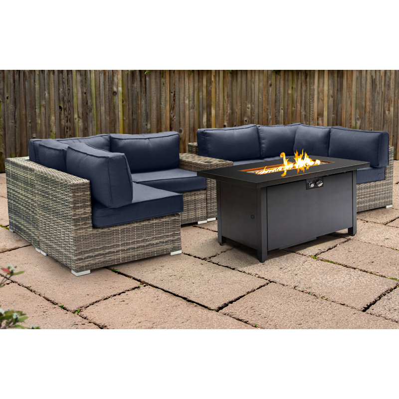 Ensemble de conversation pour 4 personnes avec foyer et coussins Sunbrella Lsi, Bleu marine