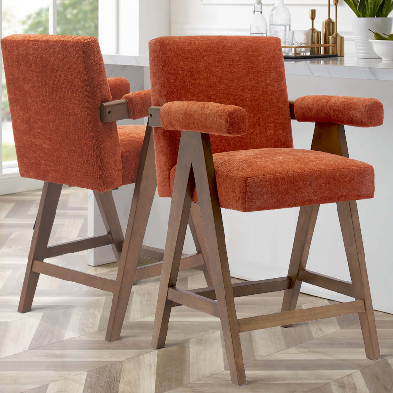 Ensemble de 2 tabourets de comptoir rembourrés en bois de noyer avec accoudoirs 25,5 po Occeus, Terra