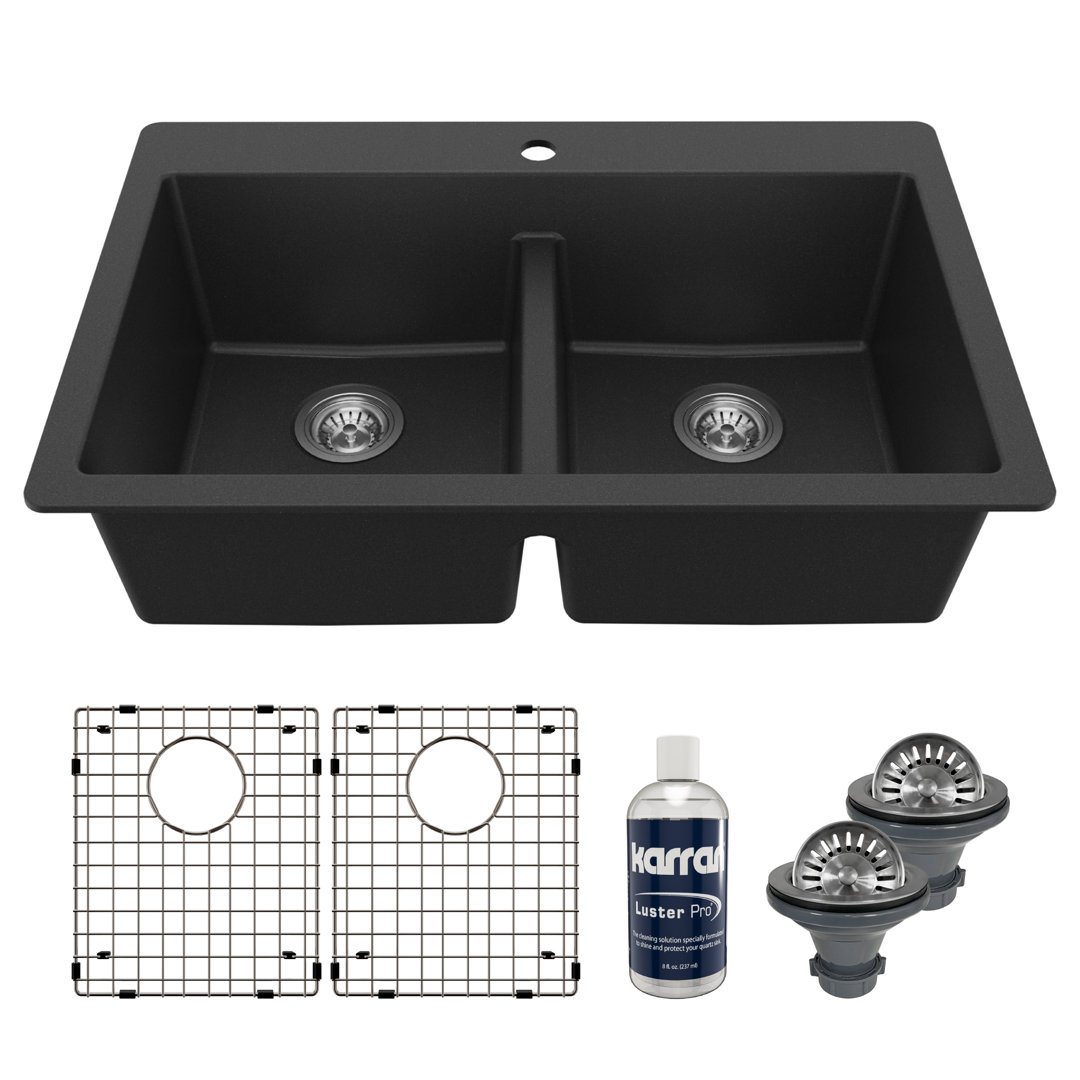 Karran Quartz 33'' X 22'' Double Bowl 50/50 Top Mount Drop-in Kitchen Sink Kit Karran 