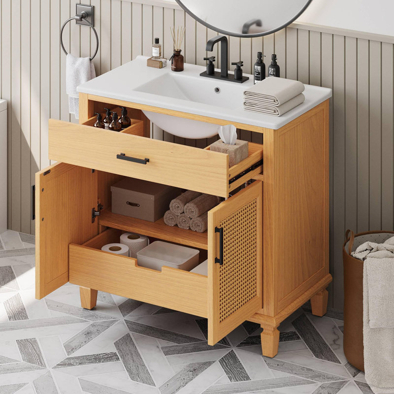 Meuble-lavabo sur pied 36 po avec lavabo en céramique, Naturel