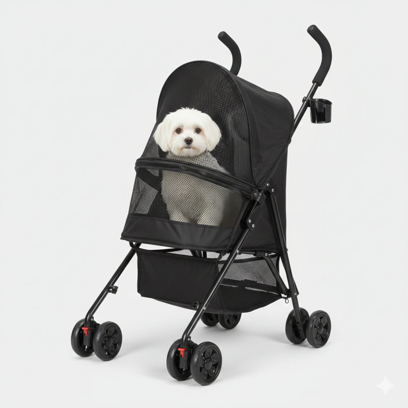 Poussette noire pliable pour animaux de compagnie, idéale pour les petites canines et les félins, équipée de panneaux en filet ventilé et d'un porte-boisson