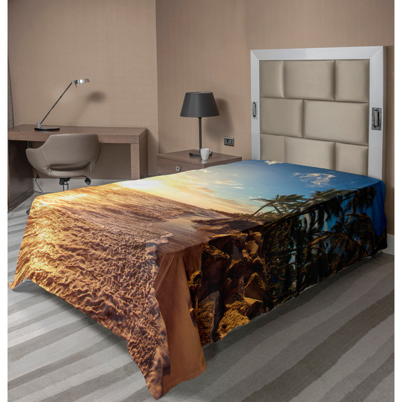 Ambesonne, paysage, drap plat, palmiers sur la plage, calme, bleu, jaune, brun, Drap plat pour lit simple TG