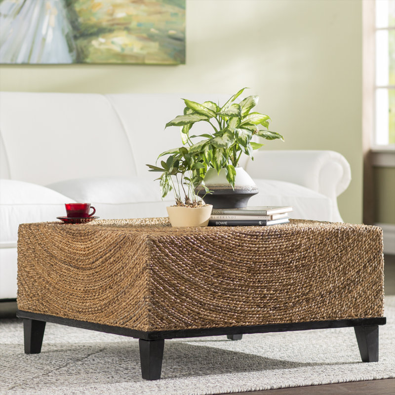 Table basse rectangulaire en bois manufacturé et massif avec rangement et roulettes, Brun