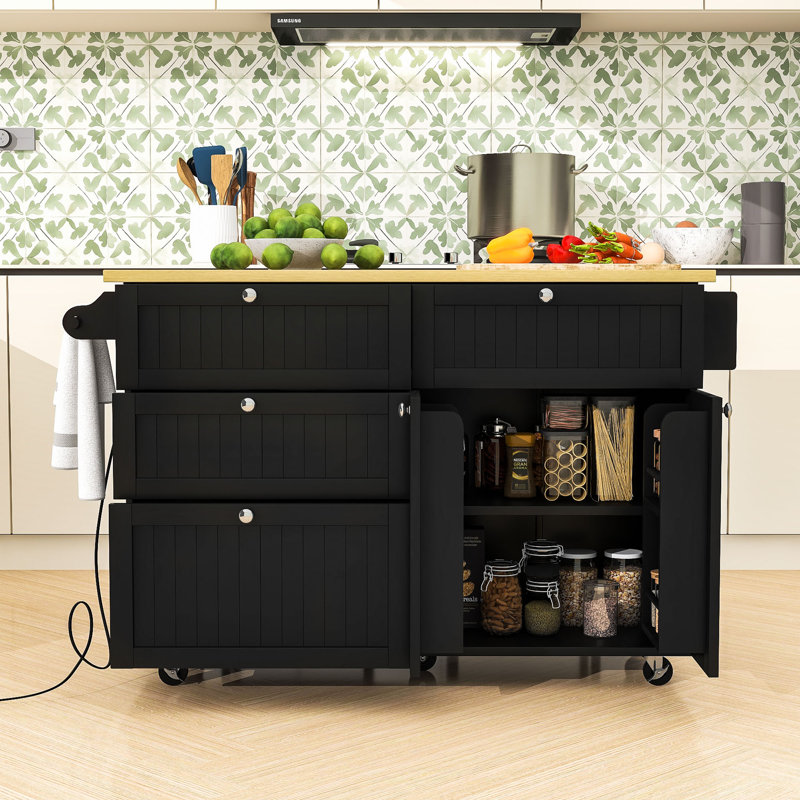 Kitchen Island Set with Drop Leaf, 2 Seating Stools, Storage Drawers and Cabinet, Black