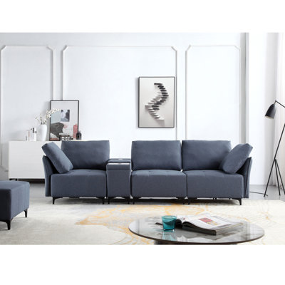 Canapé modulaire modulaire, fauteuils multifonctionnels pour le salon avec rangement, console centrale avec haut-parleur et rangement, 2 ports USB et 1 portique de type C, plateau en céramique à chargement sans fil, porte-gobelet en aluminium.