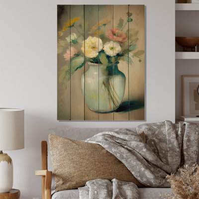 Nature morte fleurissant dans des couleurs rétro I - imprimé floral beige sur bois