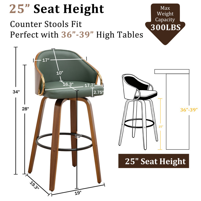 Mahtab Modern Set Of 2 Swivel Bar Stools With PU Upholstery And Wood Legs, Counter Stool (25" Seat Height), Green