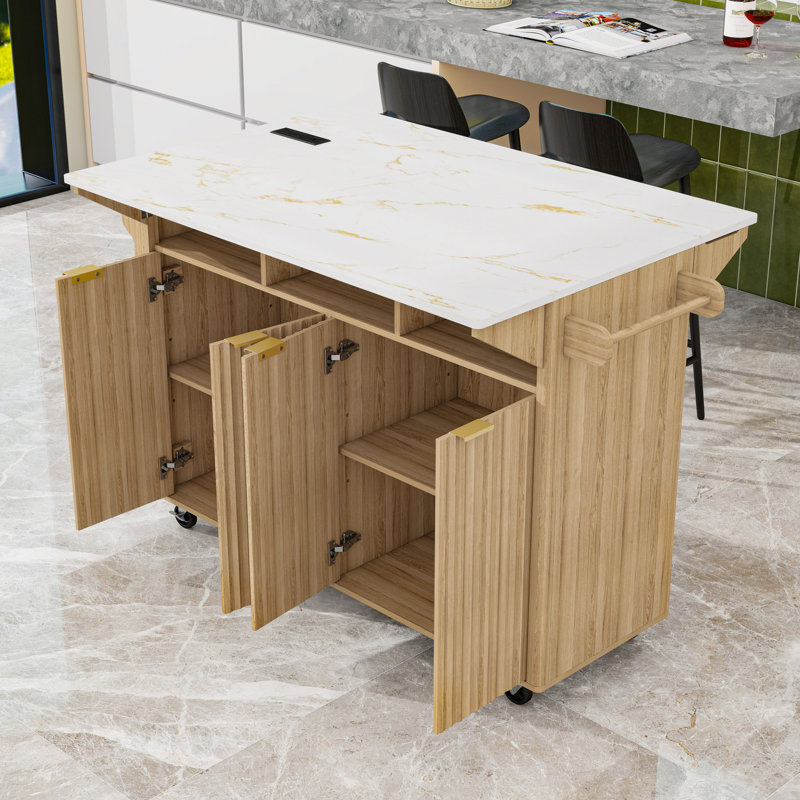 Rolling Kitchen Island Cart with 2 Drop Leaves, Power Outlet, 4 Fluted Doors and Spice Rack, Natural/White