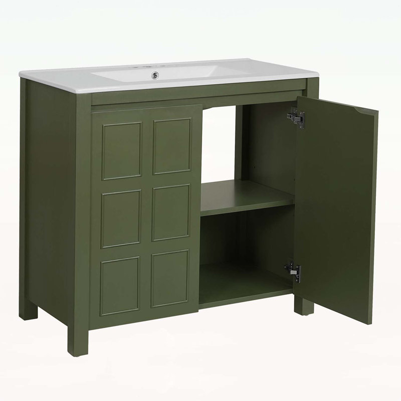 Armoire de salle de bain avec lavabo en céramique élégant et grand espace de rangement, Vert olive