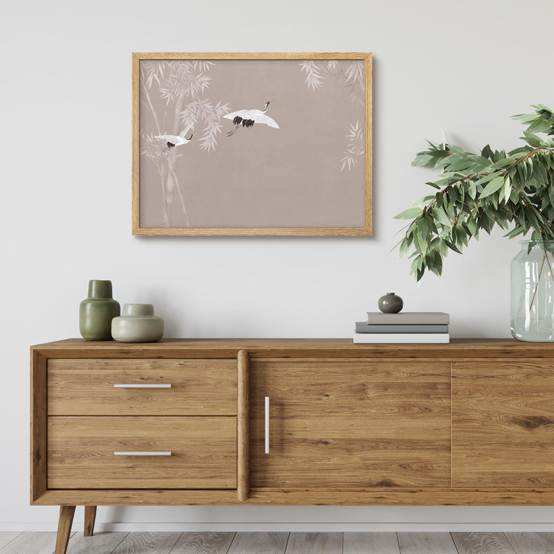 «Flying Cranes with Bamboo Motif in Minimalist Style», affiche rustique encadrée, H 11 po x l 14 po, Naturel / naturel
