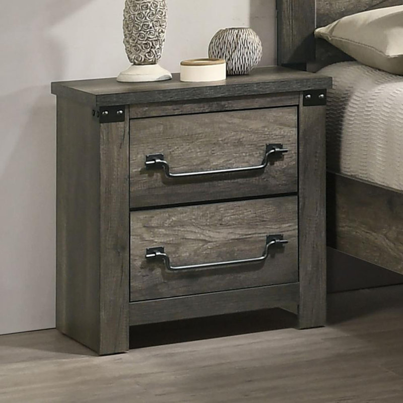 Rustic Grey Nightstand with Antique Brass Colour Drop Handles