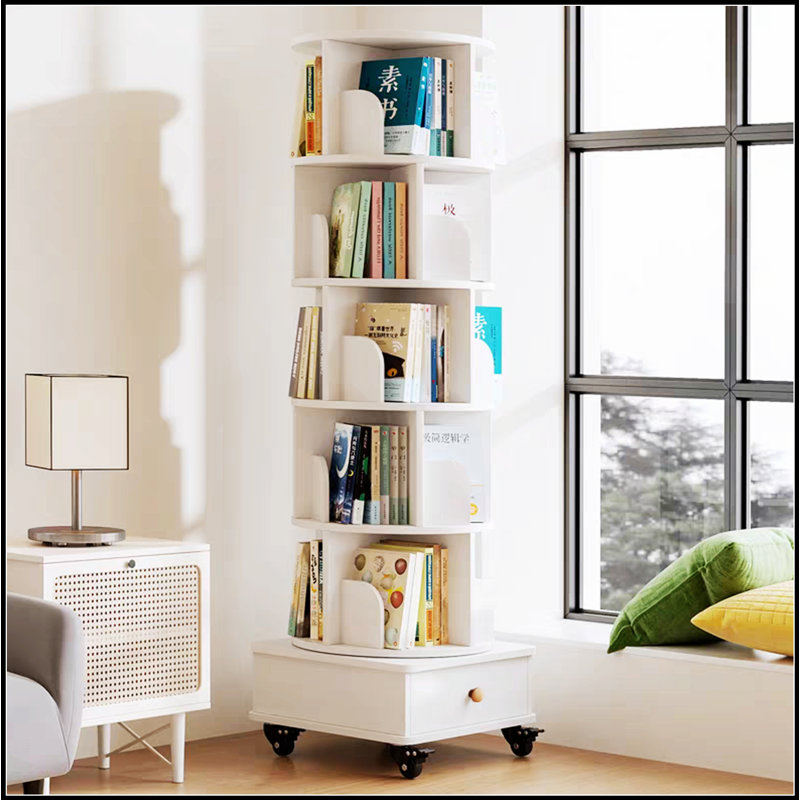 Rotating 360-Degree 6-Tier Corner Bookshelf With Drawer, Space-Saving Wood Organizer For Small Rooms And Modern Decor