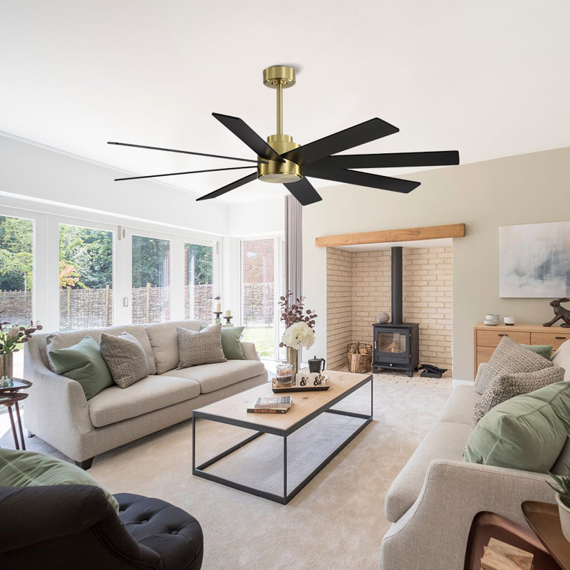 Ventilateur de plafond 8 pales avec télécommande, Or et pales noires, 72"