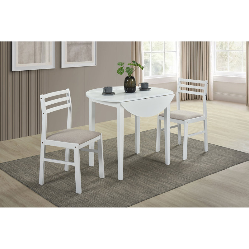 Ensemble de salle à manger 3 pièces à abattants, table 35 po, bois d'hévéa, ensemble de salle à manger 3 pièces, blanc, avec abattants et chaises rembourrées beiges
