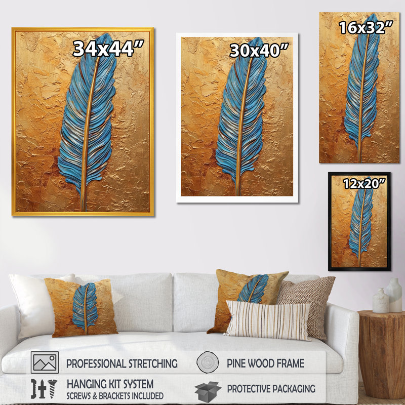 «Boho Glam Exquis Blue Feather On», reproduction d'art sur toile encadrée, H 44 po x l 34 po x P 1,5 po