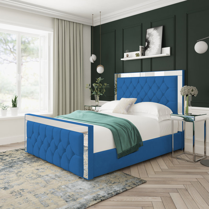 Sage Plush Velvet Upholstered Ottoman Bed Frame, Double (4'6), Blue