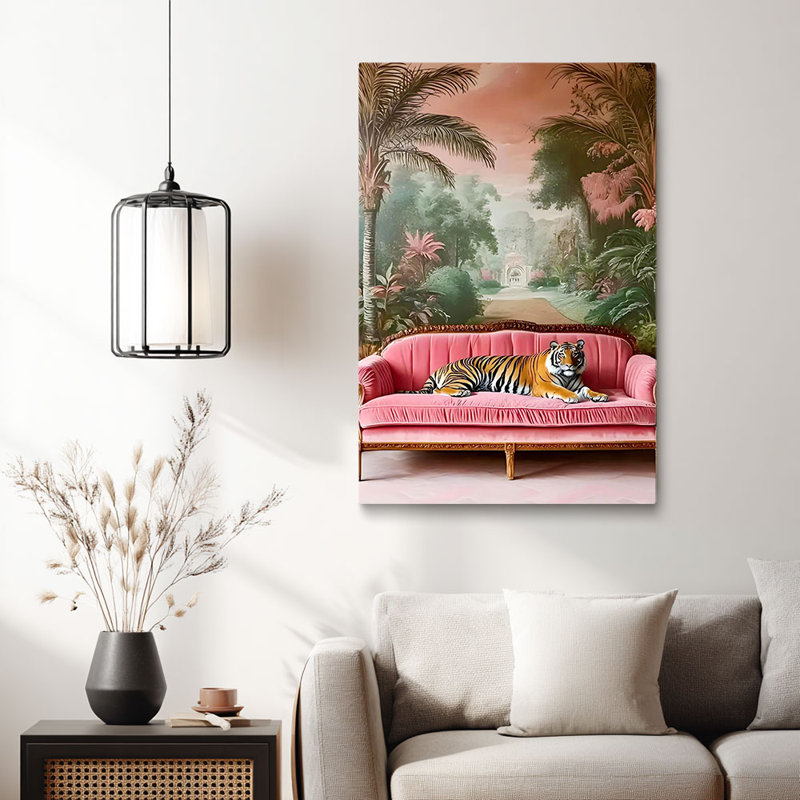 «Tigre sur canapé en velours rose avec toile de fond tropicale (ton luxueux)» Eclectic, 18 * 12 pouces (45 * 30 * 2cm)