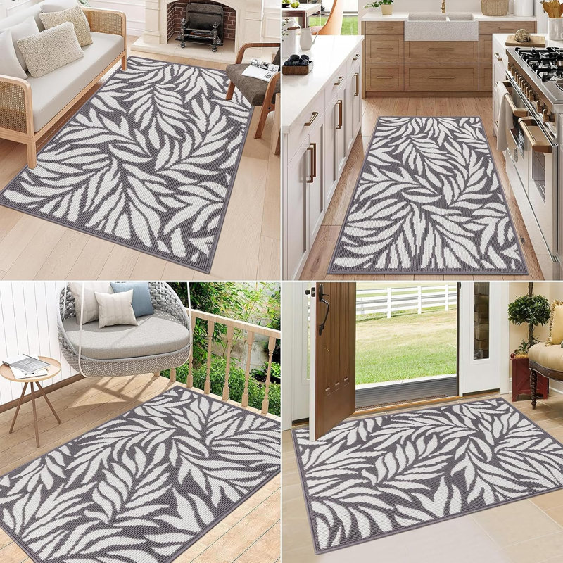 Paillasson Leaf, 32.4" W X 48" L, Grey/White