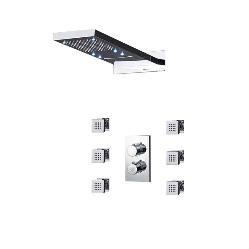 Cesena 22 Chrome Digital LED Rainfall Waterfall Shower System with 6 Body Jets Wall Mount