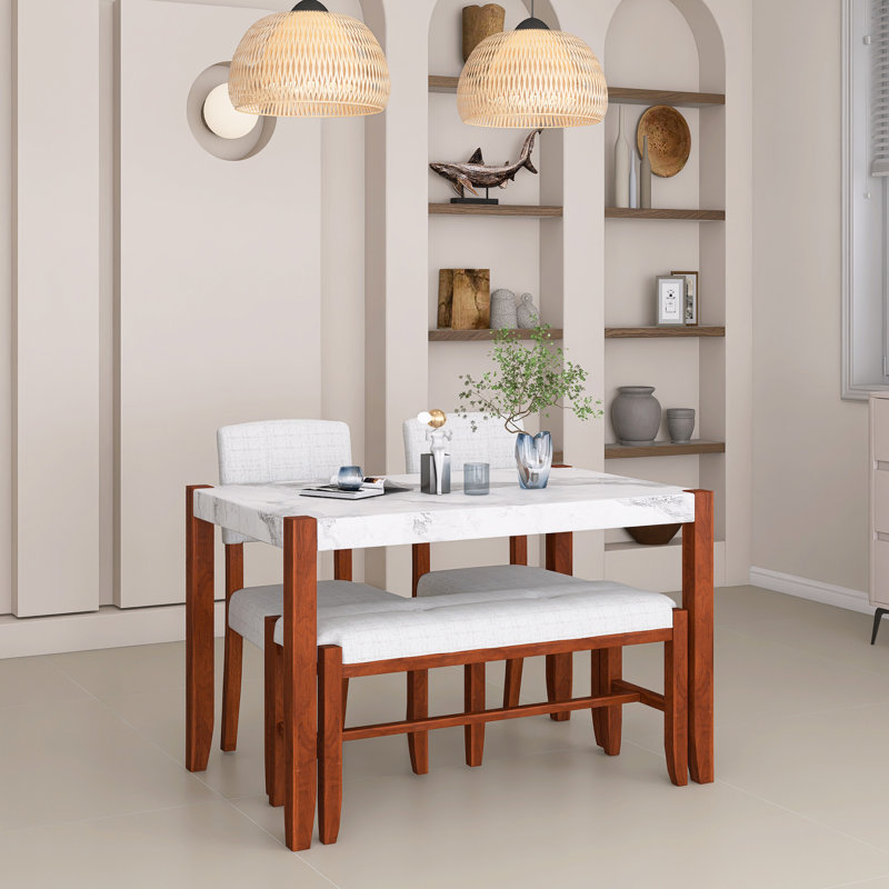 Ensemble de table de salle à manger 4 pièces rectangulaire avec table en marbre, 2 chaises rembourrées et 1 banc, dossier ergonomique incurvé, pieds en bois d'hévéa massif, peu encombrant, facile à assembler