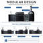 Îlot de cuisine extérieure modulaire de 122 pouces avec barbecue à gaz 7 brûleurs de 85 000 BTU, four à pizza de 35 000 BTU, comptoir en granit noir, évier, réfrigérateur extérieur et ensemble de rôtisserie.
