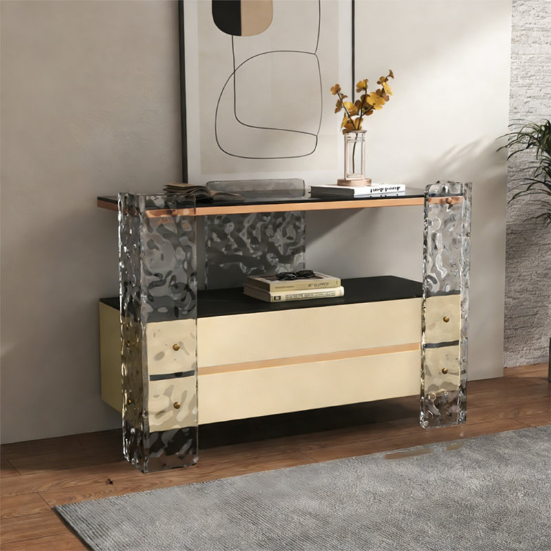 Console moderne à tiroirs en bois-acrylique, H 29,53 po x l 39,37 po x P 15,75 po, Transparent / kaki