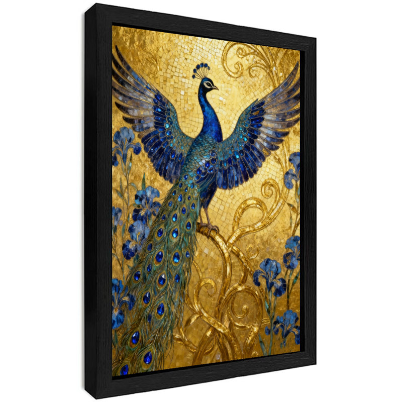 Paon noir encadré noir déployant ses ailes sur une branche dorée, impressions sur toile de style rétro, H 11 po x l 9 po