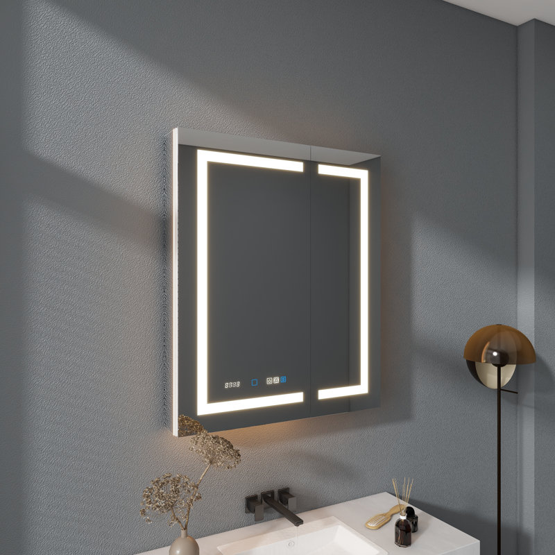 Pharmacie éclairée 30 po x 36 po avec miroir, encastré ou en surface, porte gauche / droite, antibuée, horloge, prise de courant et port USB