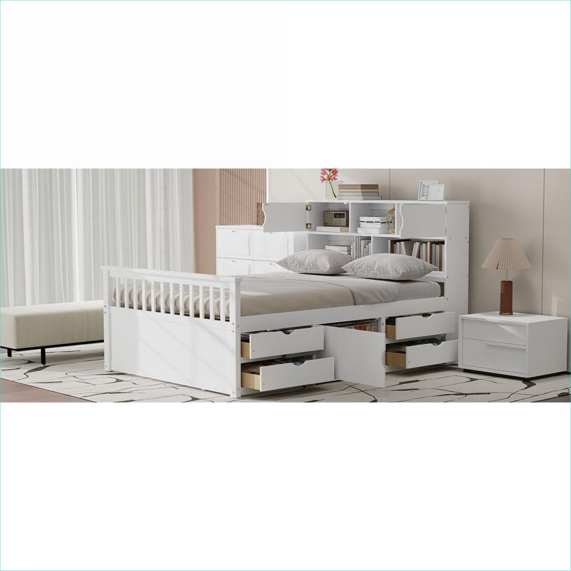 Lit plateforme avec rangement en bois massif blanc classique et petite tête de lit pour petite chambre de style moderne