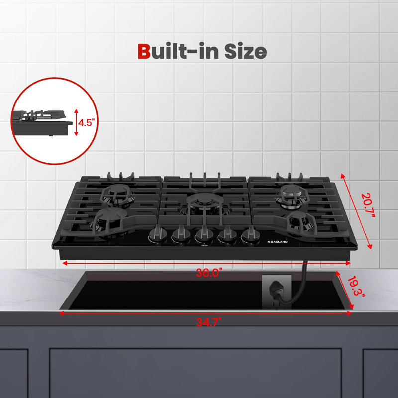 Plaque de cuisson au gaz 36 po en émail noir avec 5 brûleurs, brûleur électrique à double anneau, convertible au gaz naturel / GPL, certifié CSA