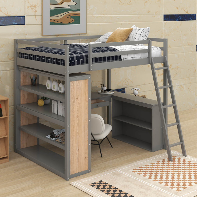 Lit mezzanine double avec tablettes et bureau, Gris