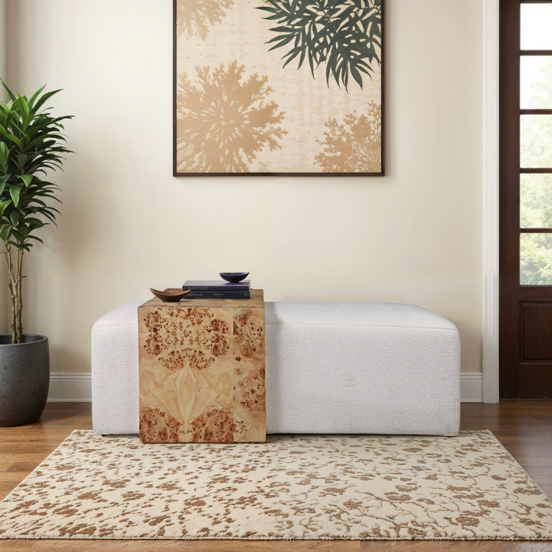 Élégant banc long rembourré avec table d'appoint en bois de ronce pour la décoration intérieure - Élégant banc d'appoint pour la chambre à coucher, la salle à manger ou le salon - 53 po, ivoire et brun clair