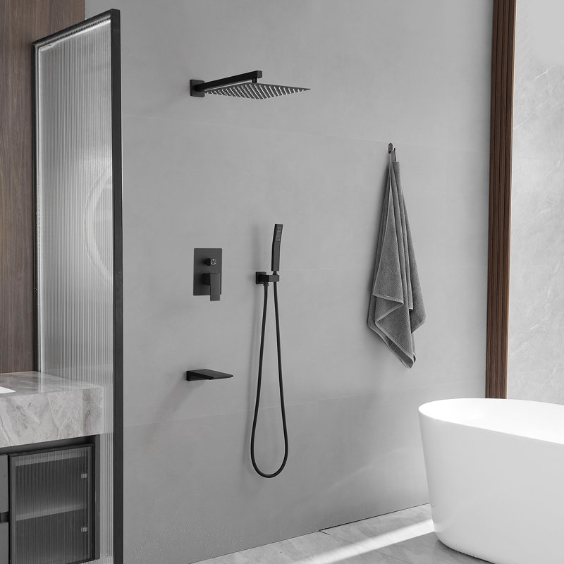 Baignoire à 1 jet et poignée simple 12 po Robinet de douche 2,5 GPM avec haute pression (valve incluse), Noir mat