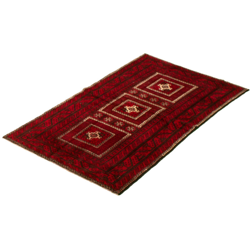 Tapis décoratif en laine noué à la main de conception unique noué à la main des années 70 en laine rouge/noir de 3 pi 7 po x 6 pi 9 po