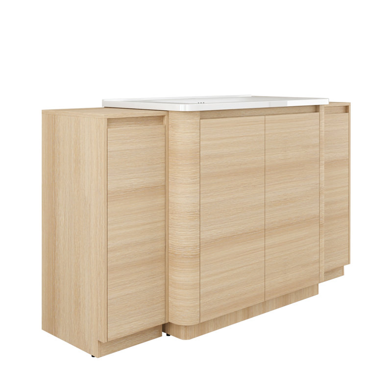 Meuble-lavabo autoportant de 152 cm (60 po) avec lavabo en céramique blanche, 2 petites armoires de rangement et portes à fermeture douce.