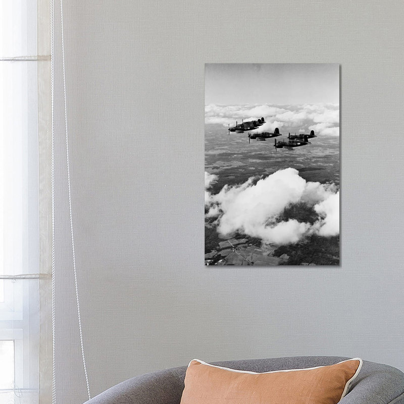 1940S 6 Navy Corsairs Above The Clouds Flying In Formation World War II - Wrapped Canvas Print