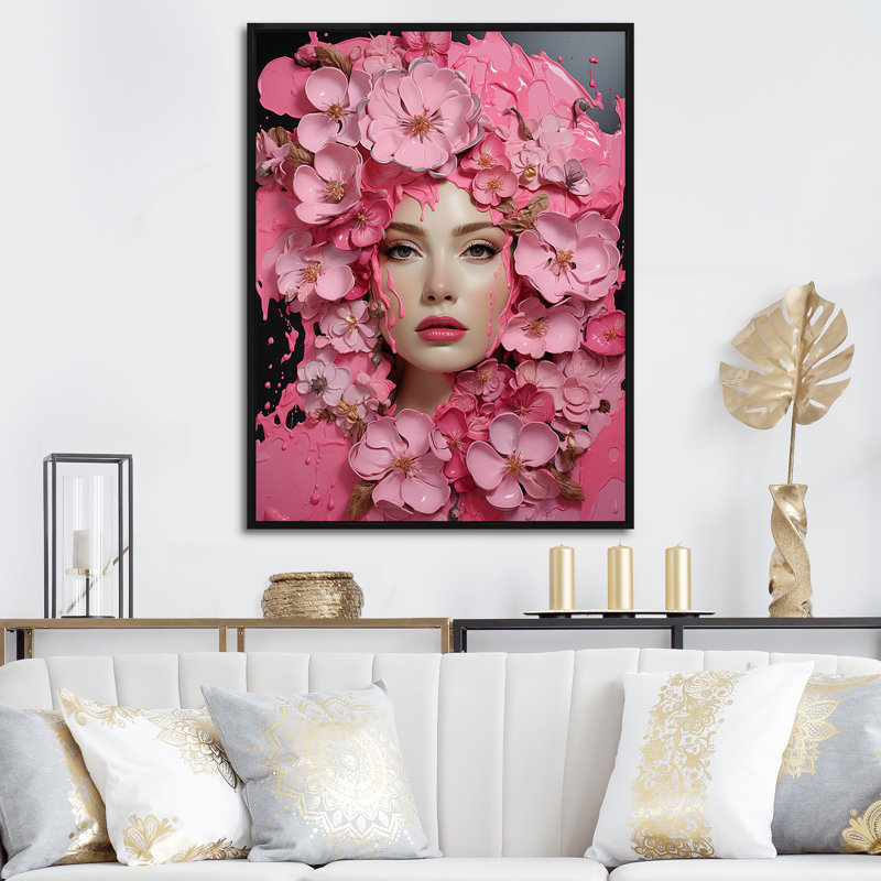 «Pink Floral Tranquil Woman Portrait», art mural glam, Cadre flottant noir, H 44 po x l 34 po x P 1,5 po