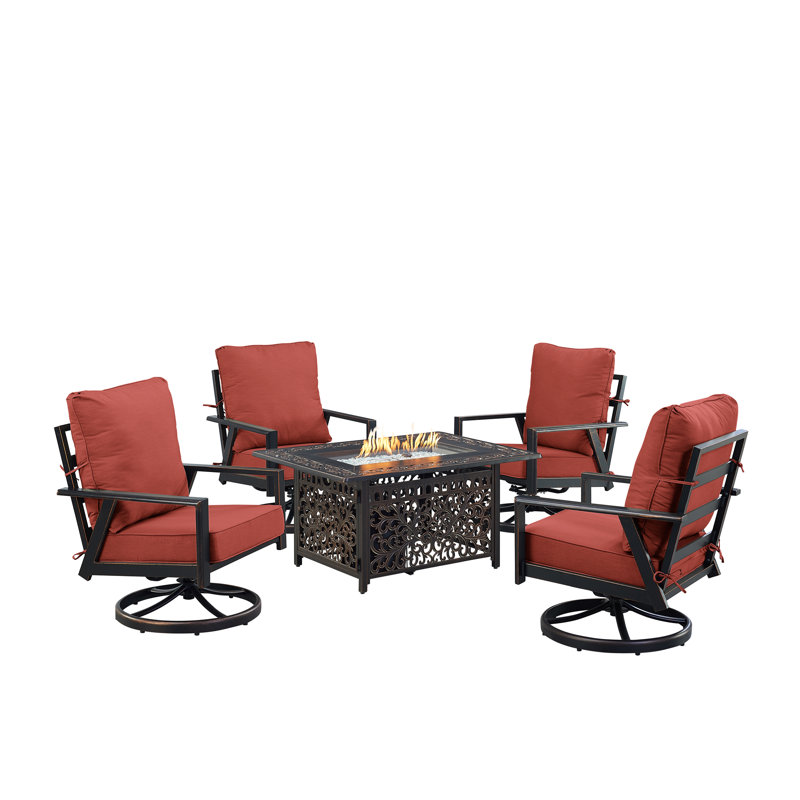 Ensemble de table de foyer en aluminium noir avec quatre fauteuils club, Rouge